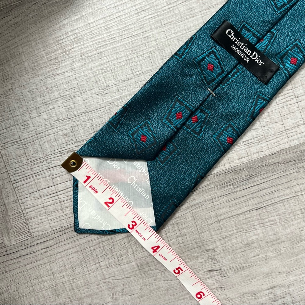 VINTAGE CHRISTIAN DIOR Silk Blend Teal Sheen Tie Pattern - Picture 9 of 10
